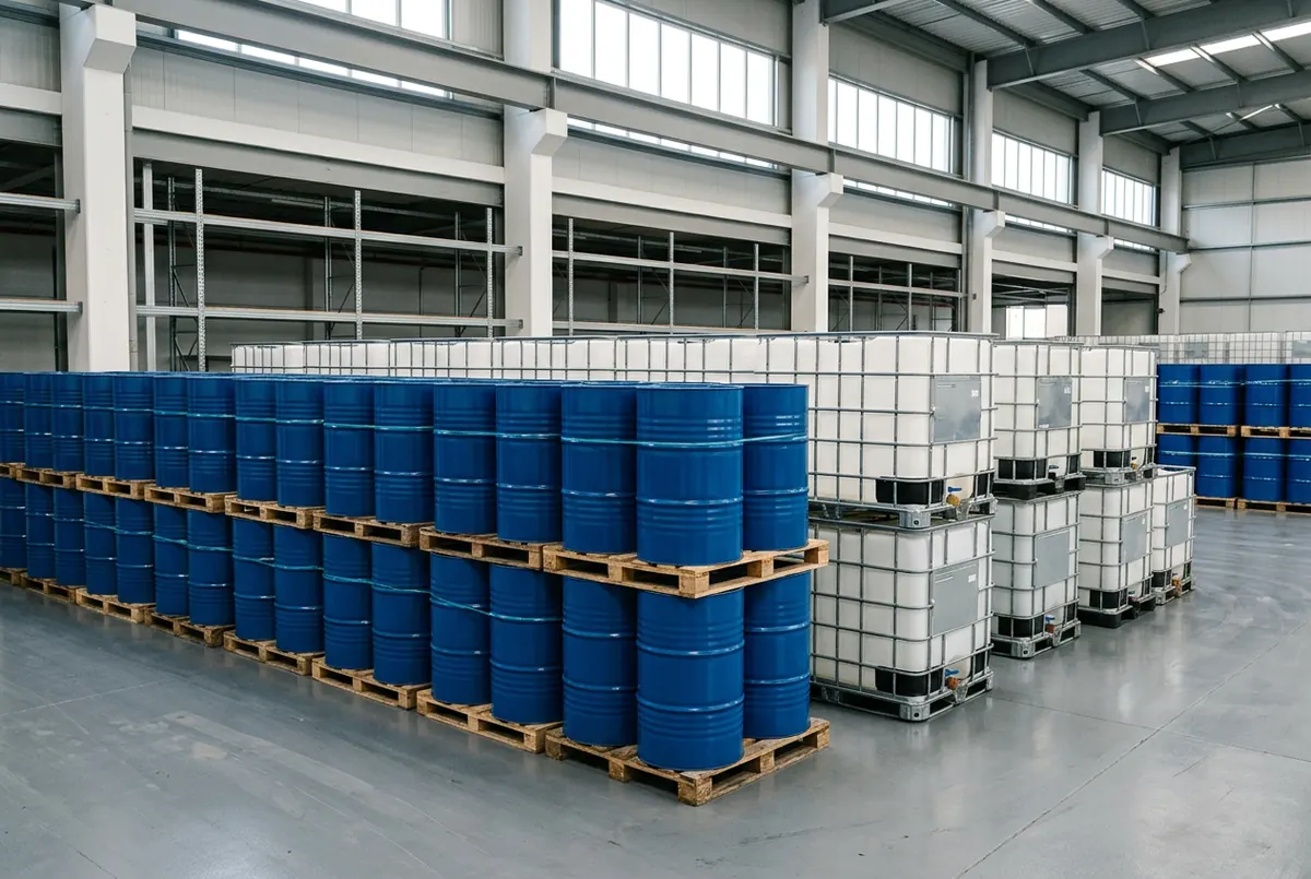 Unbranded blue steel drums and white IBC containers stored on pallets in a clean warehouse