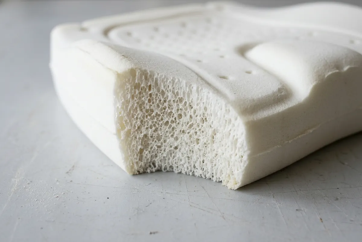 Moulded white flexible foam seat cushion with a section cut away to show its open-cell structure