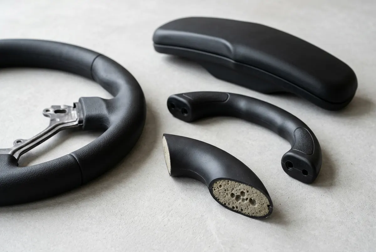 Moulded black integral-skin polyurethane parts: a steering wheel, armrest and handles, one cut to show the dense skin and lighter core
