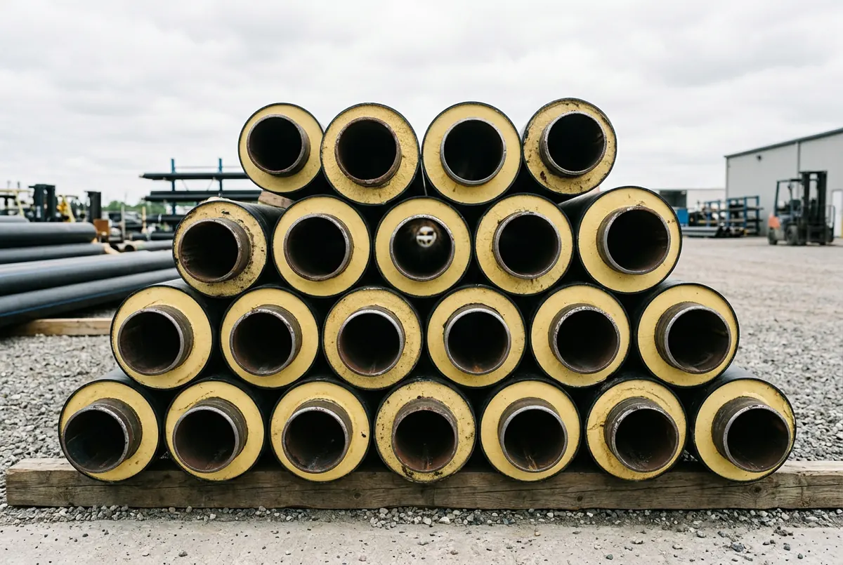 Ends of stacked pre-insulated steel pipes showing a steel core, a ring of rigid foam and a black outer jacket