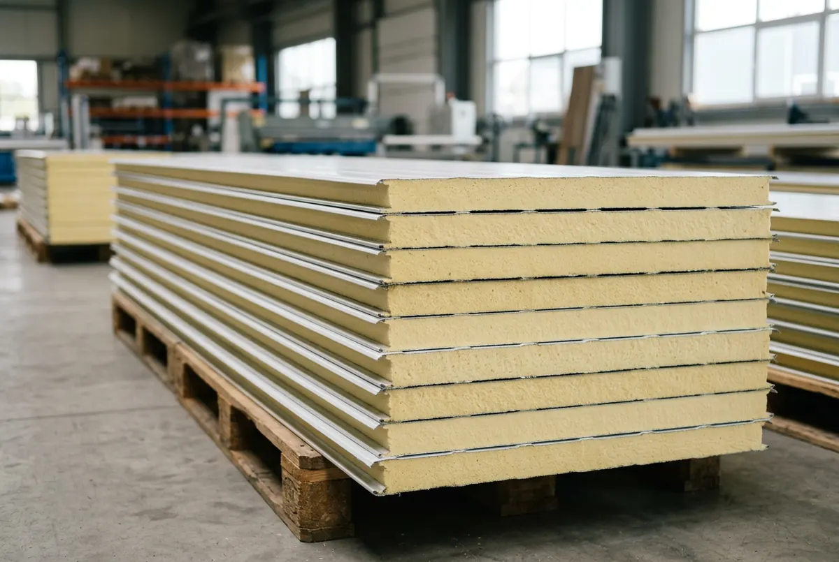 Stack of insulated sandwich panels with steel facings and a pale rigid foam core, seen from the cut edge