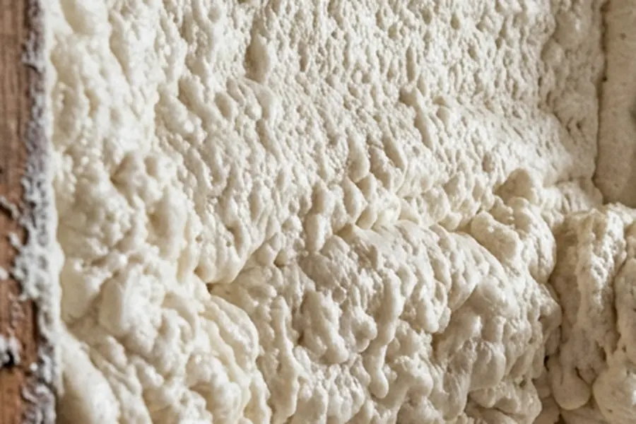 Close-up of the textured surface of freshly sprayed pale polyurethane foam insulation
